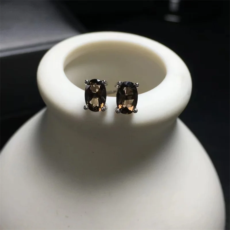 

S925 Natural Smoky Quartz Stud Earrings Simple Paved Stud Fashion Crystal Hypoallergenic For Women Gift 1pair