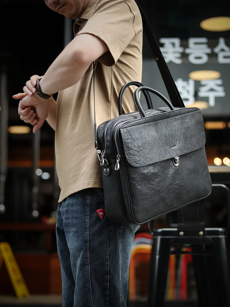 Soft Black Genuine Leather Men\'s Handbags Portable Briefcase High-Grade Business Casual File Bag Designer Commuter Computer Bags