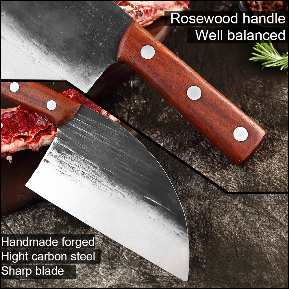 Serbian Chef Knife Hand Forged Meat Cleaver High Carbon Steel Full Tang Knife Ultra-sharp Butcher Knife for Kitchen or Outdoor