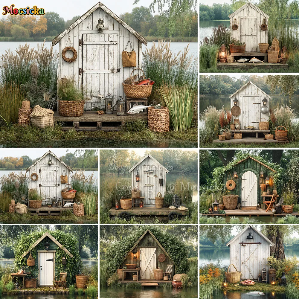 

Mocsicka Spring Fishing Baby Photography Background Riverside Wooden House Backdrop Child Birthday Party Cake Smash Photo Studio