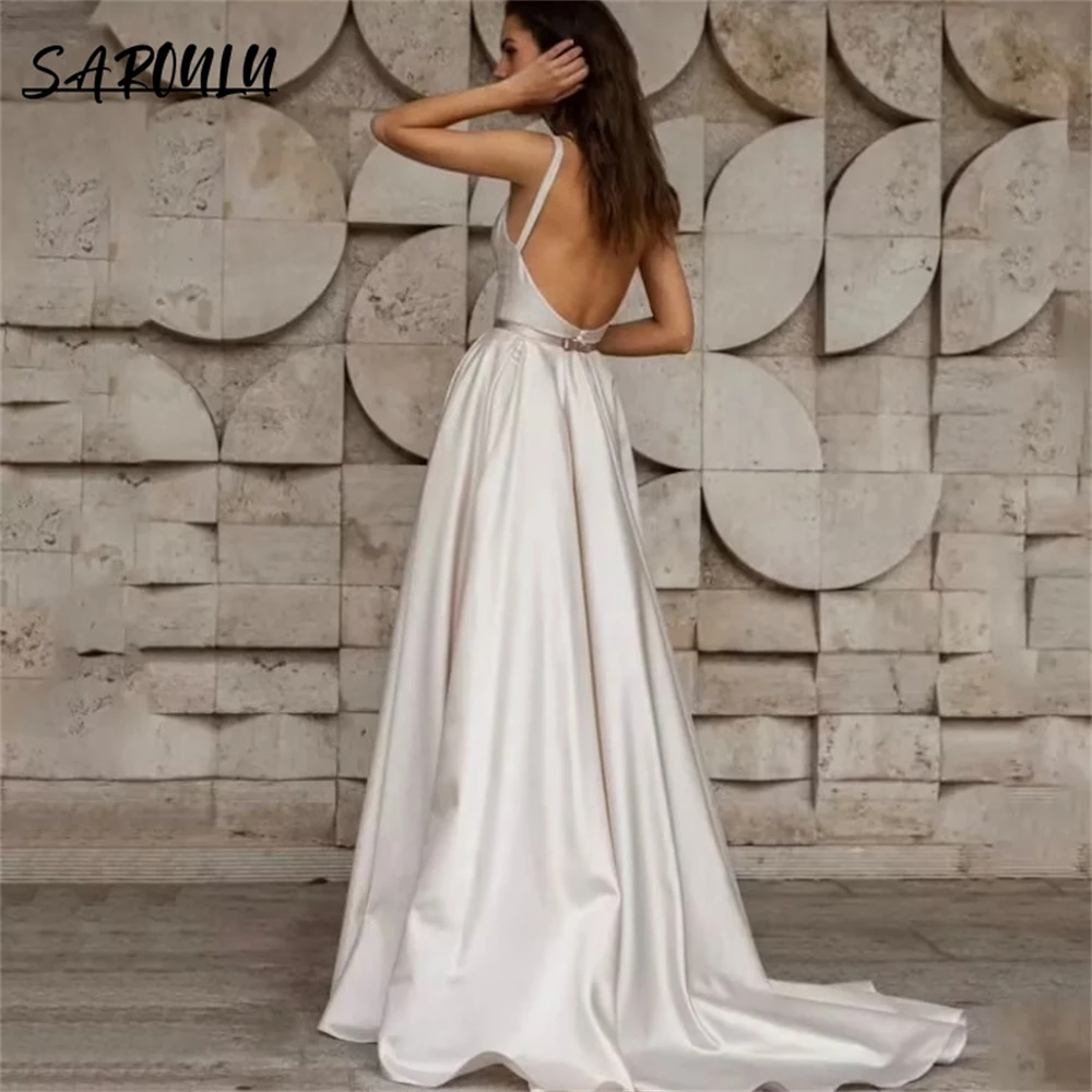 SAROULU Casual A Line Bride Dress Satin Simple Cheap Wedding Dresses Spaghetti Straps Bridal Gown Custom Made