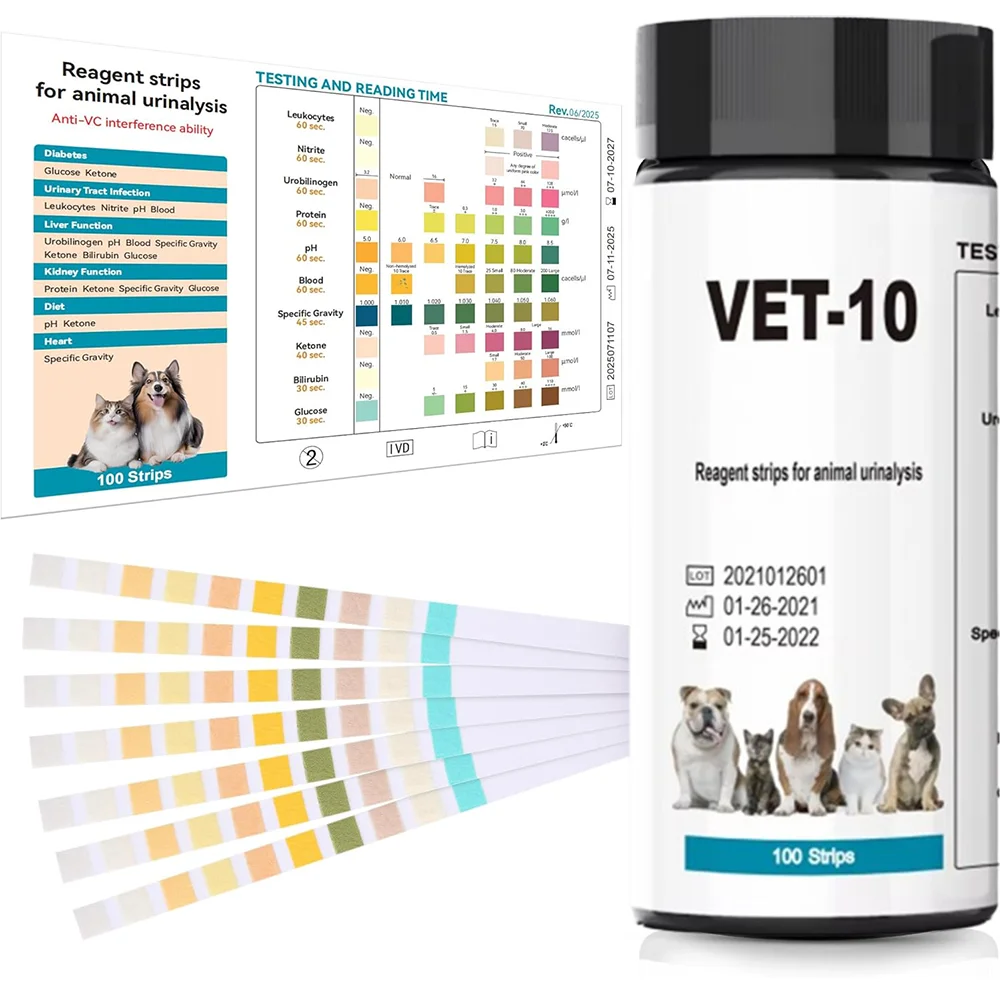 100 Pieces of Pet Urine Test Strips, Suitable for Detecting Urinary Tract Infections in Cats and Dogs, 10-in-1 Test Kit, Multi-Parameter Urine Analysis Strips: Detection of White Blood Cells, Urine Bilirubin, Protein, Ph, Blood, Ketone Bodies, Bilirubin, Glucose, and Other Indicators