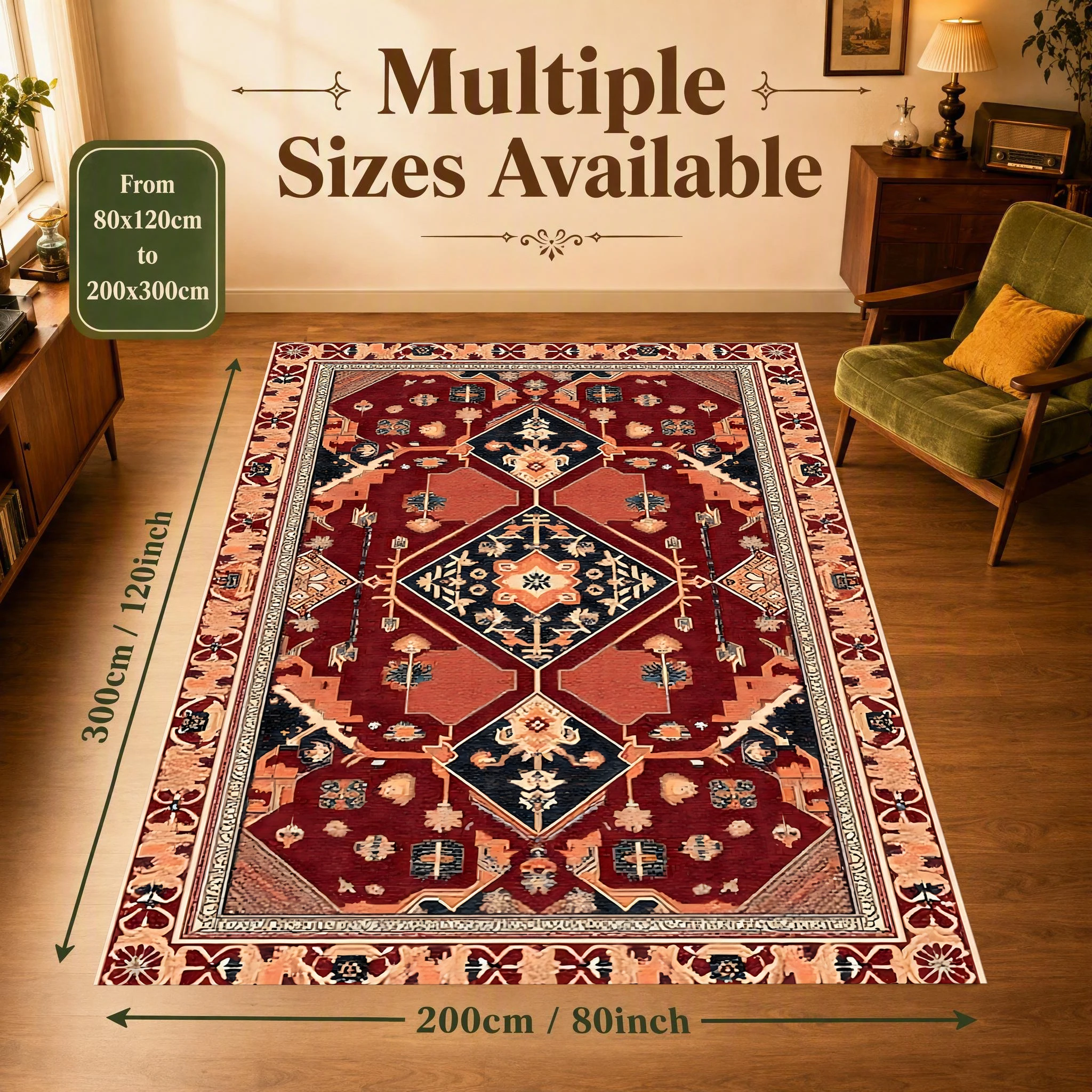 2D Large Rug with Retro Persian Diamond Pattern, Exotic Ethnic Style, Suitable for Living Room and Bedroom, Instantly Refreshes Autumn and Winter Decor