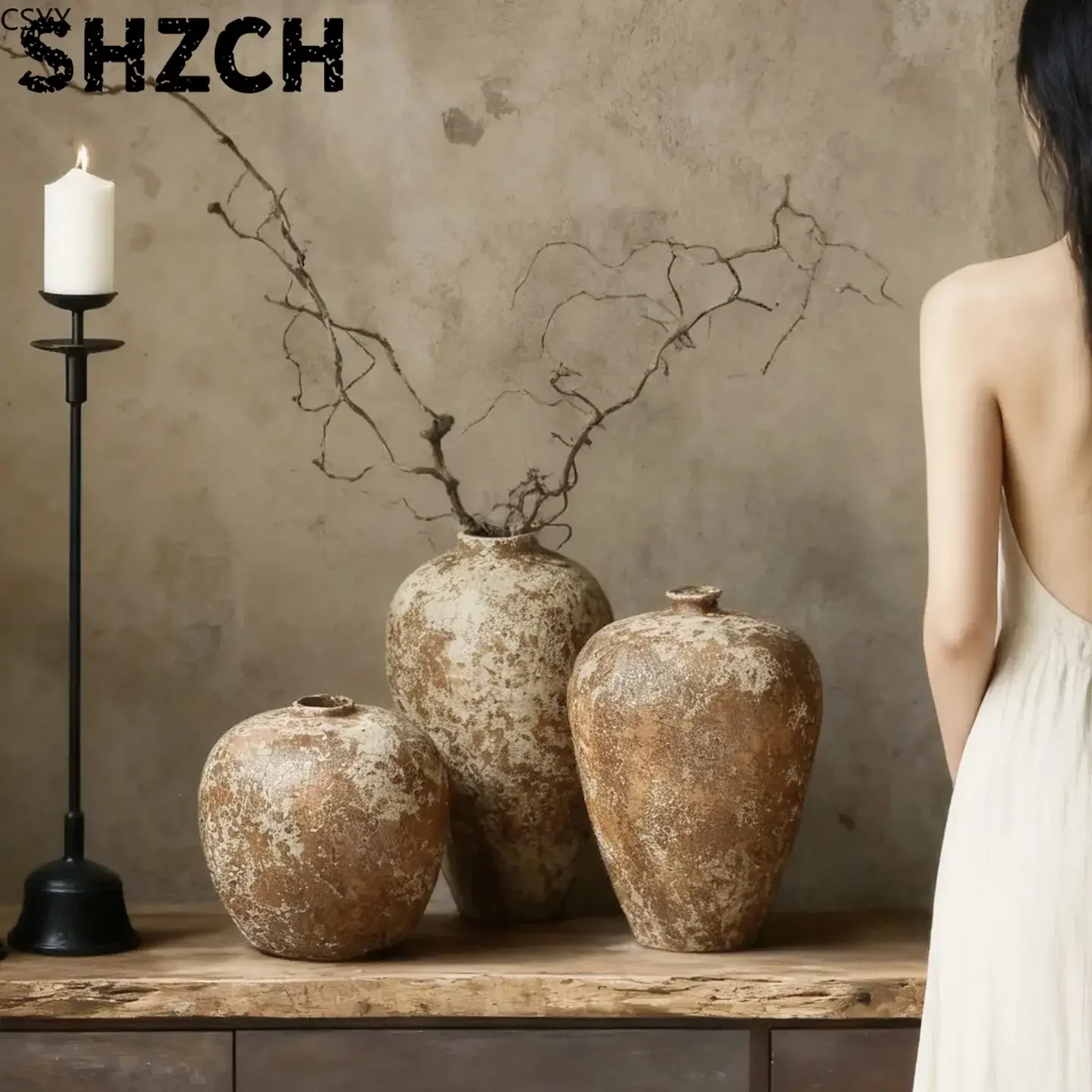 Jingdezhen Wabi-sabi Wind Zen Ornament Large Coarse Pottery Jar Handmade Flower Arrangement B & B Retro Nostalgic Ceramic Vase