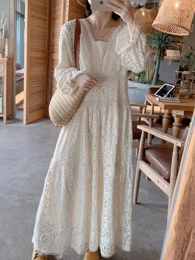 AIGYPTOS Spring Maxi Dress For Women Vintage Court Style V-Neck Long Sleeve Sequins Embroidery Lace Dress Elegant Holiday Dress