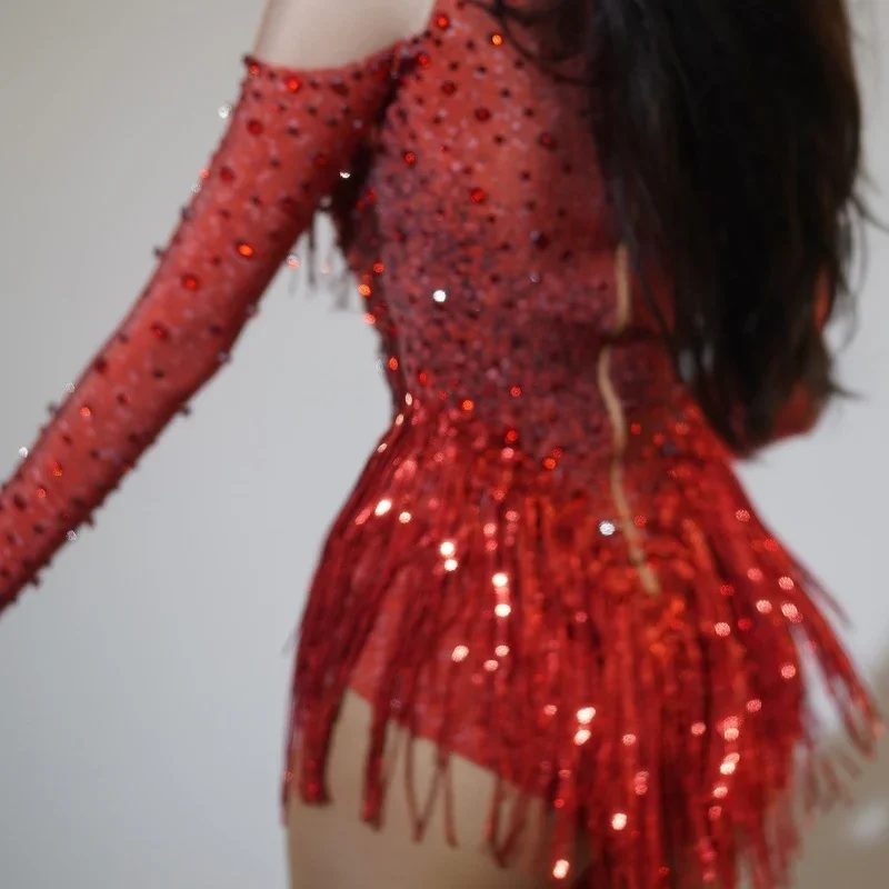 Women Sparkly Rhinestone Sequin Tassel Stretch Bodysuits Birthday Party Nightclub Dj Stage Performance Costume