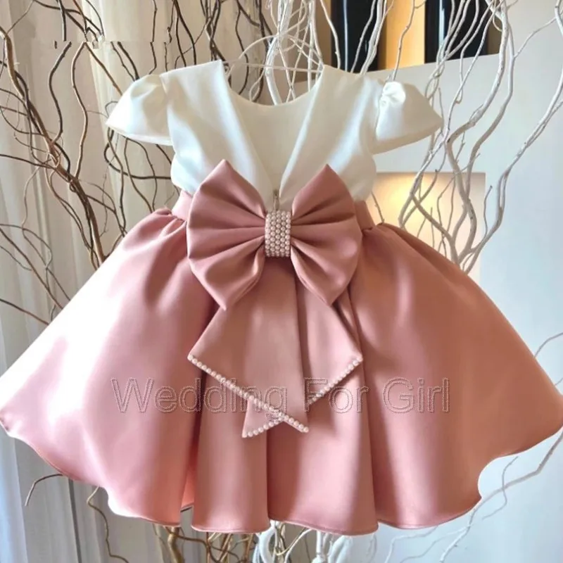 Vestido de baile corto de satén con manga de casquillo para niña, vestido de flores para boda, Perla para niño, vestido de primera comunión