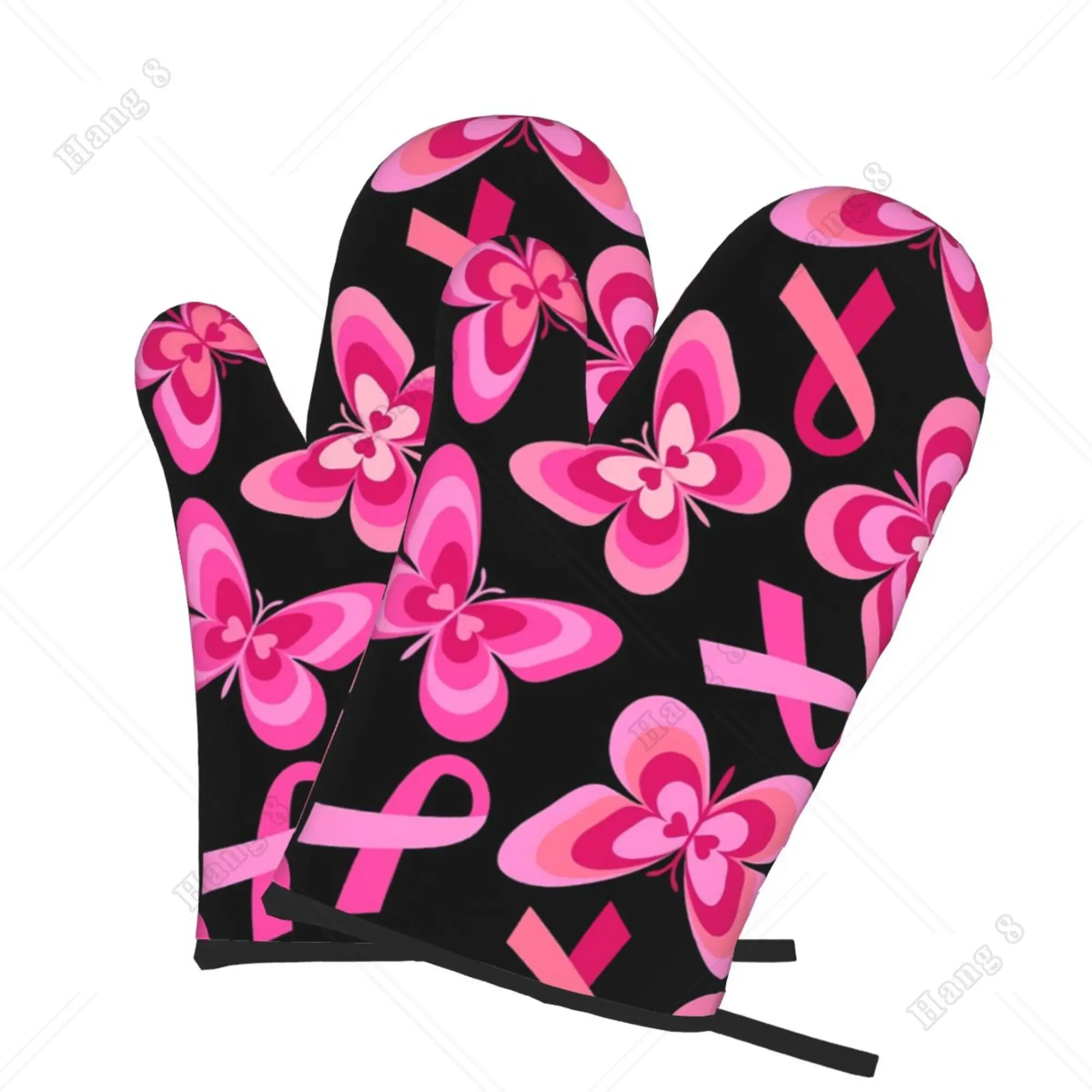 Butterfly Pink Bow Microwave Gloves Oven Mitts 2pc for Women Bbq Items Cooking Grilling Baking One Size Caring for Breast Cancer