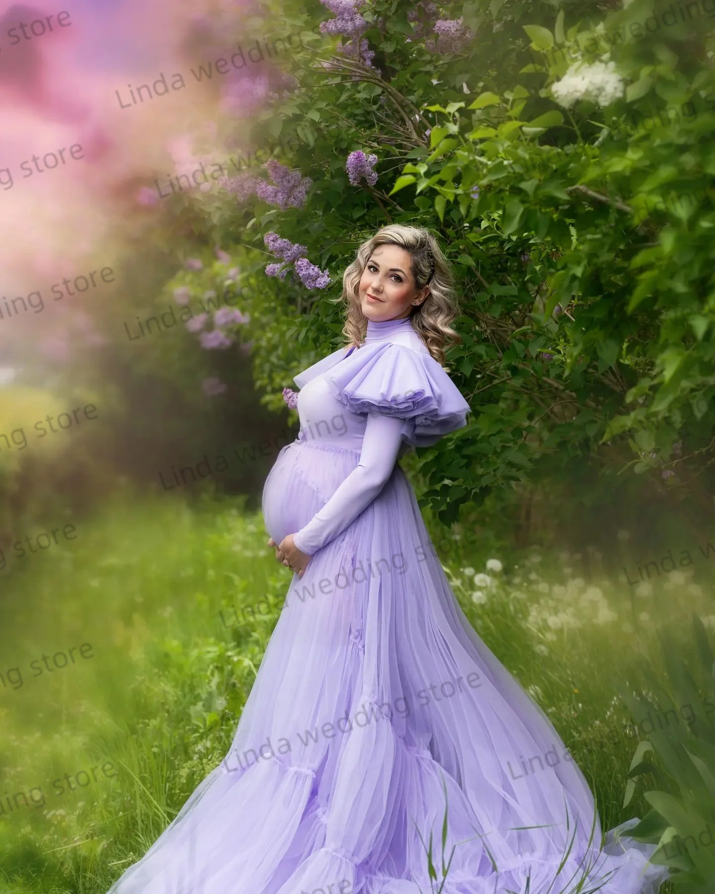 Light Purple Maternity Dresses for Photography Ruched High Neck Prom Party Gowns Photo Shoot Pregnant Dress for Babyshower