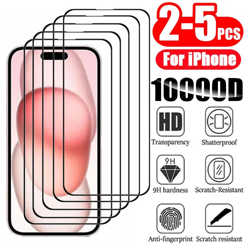 2-5PCS 100D Full Cover Protective Glass For IPhone 15 11 X XR XS MAX 7 8 Plus Screen Protector On iPhone 13 12 Mini 14 Pro Glass