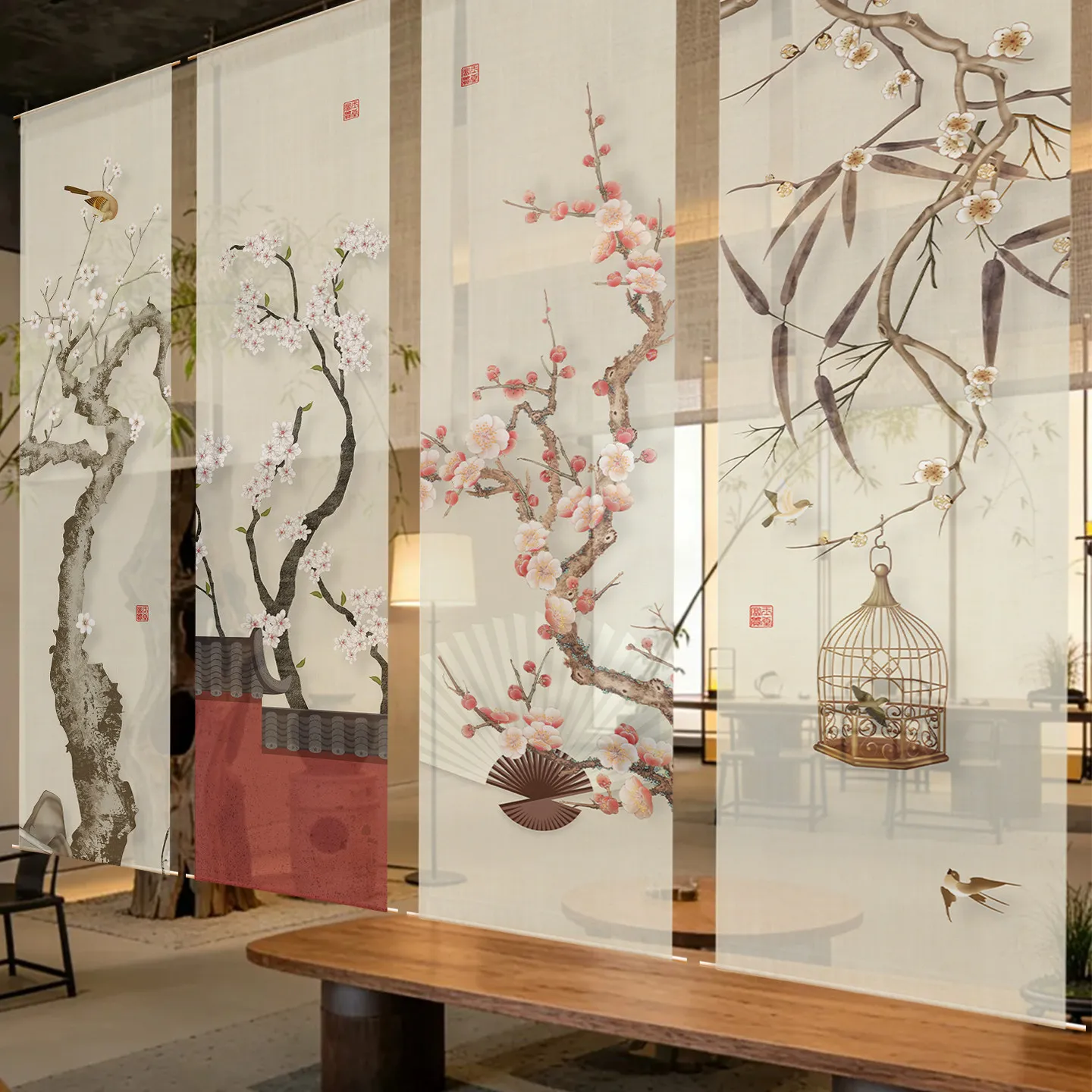 Monk Mode Room Divider – Chinese Gauze Screen, Moon Gate Plum Blossom for Ascetic Lifestyle, Tea Ceremony & Meditation Space