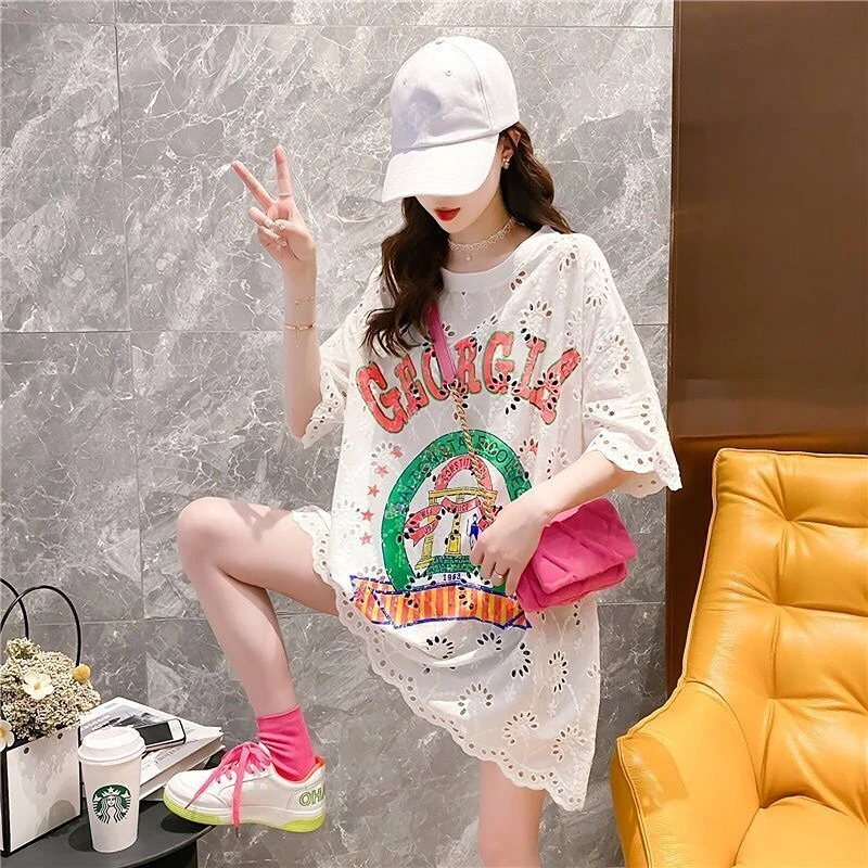 Casual Clothes Women\'s T-shirt For Summer Loose Elegant Pulovers Graphic Short Sleeve White Midi Tops Fashion Korean T Shirt