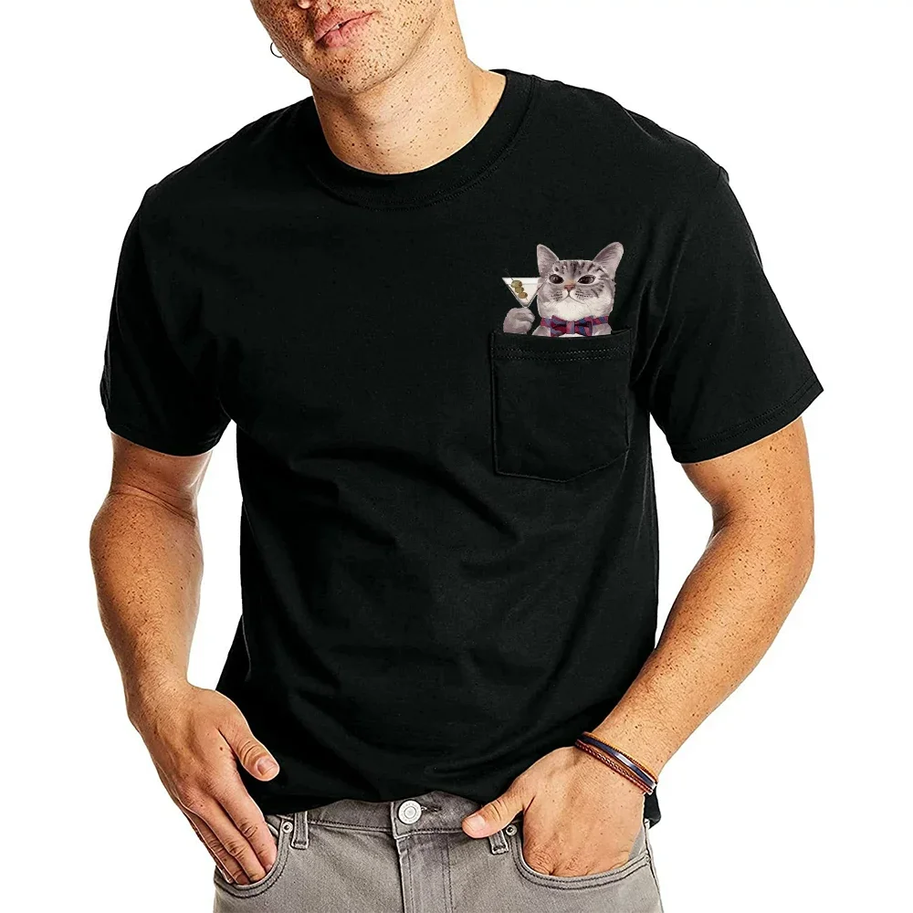 HX Animals Cats Cotton T-Shirts Grape Cocktail Kitten Double Middle Finger Pocket Shirts Summer Short Sleeve Tees Men Clothing