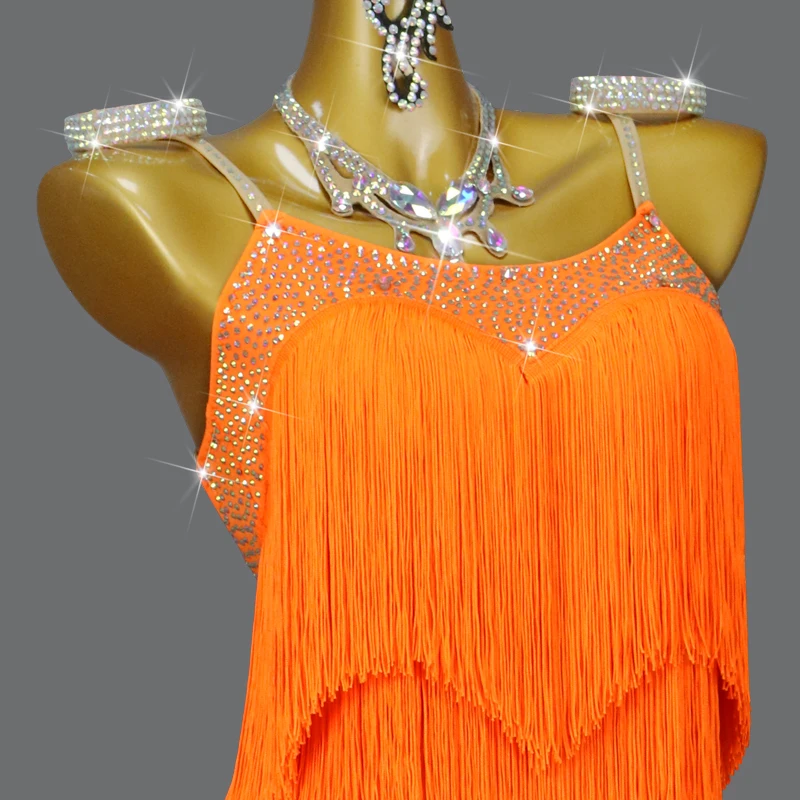 2024 neue orange Latin Dance Quaste Kleid Sex Ballsaal Praxis tragen Bühne Rock Frau Abendkleid ung Damen Performance Kostüm