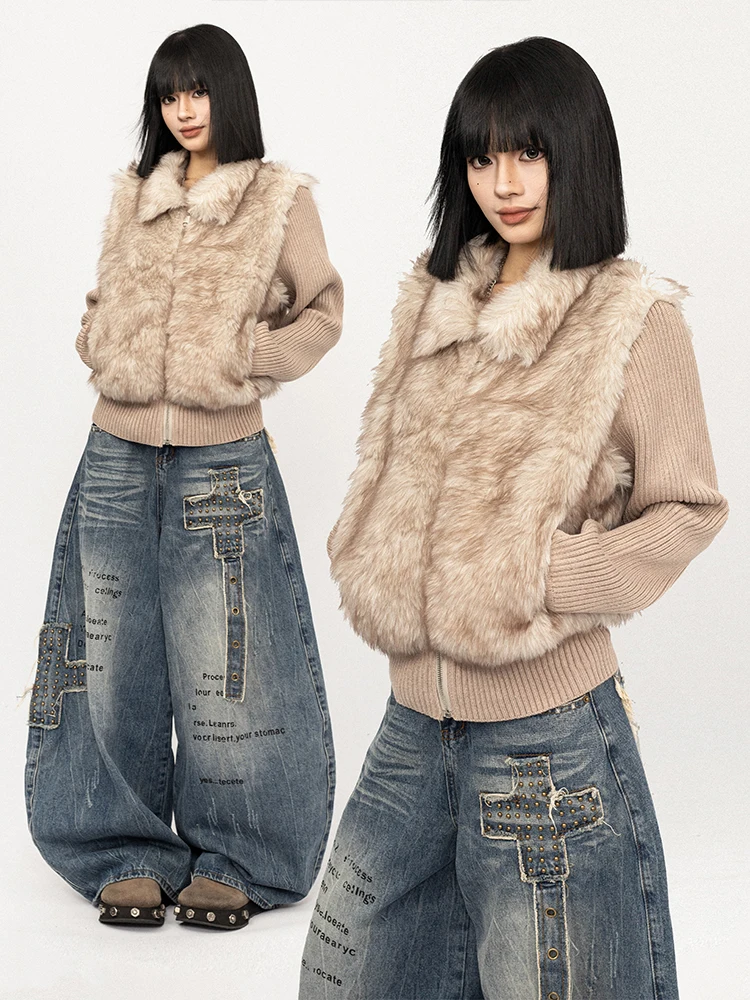 

Вязаное короткое пальто OCTTFLAB для женщин с отложным воротником, теплая меховая верхняя одежда, стильное, для повседневной носки, из полиэстера