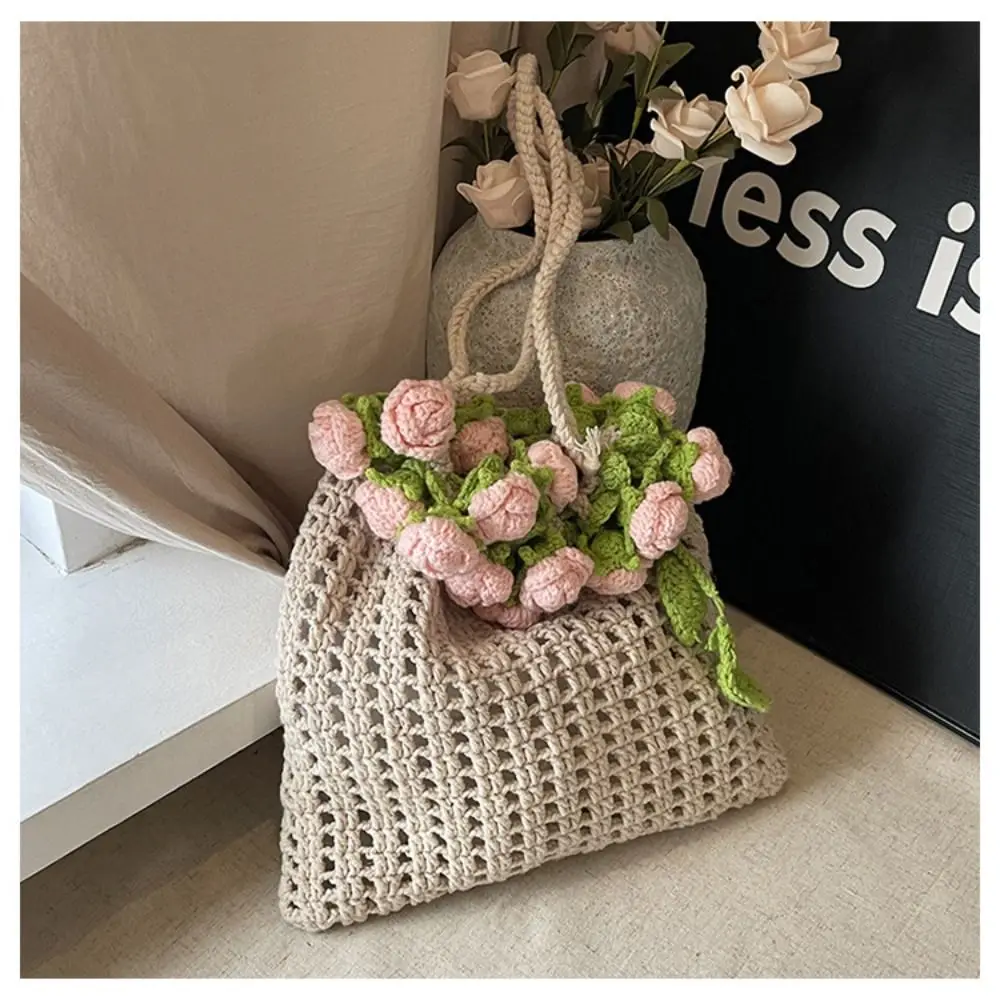 

Bohemian Rose Bouquet Weave Bag Cotton Rope Hollow Out Knitted Flower Shoulder Bag Rustic Crochet Rose Beach Bucket Bag Beach