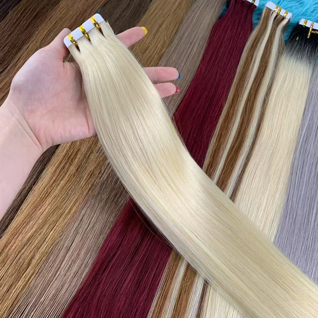 Doczepiane włosy Shinehair na taśmie, prawdziwe naturalne włosy ludzkie, wietnamskie włosy ludzkie, proste, bezszwowe pasma na taśmie dla kobiet.