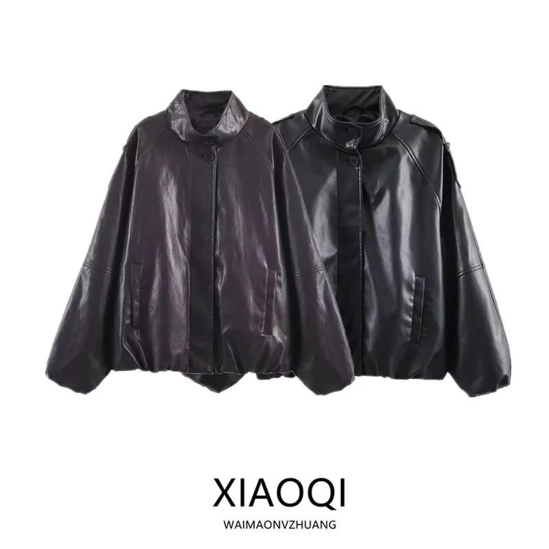 

2025 Winter New Women's Faion Long Sve Faux Leather Stand Collar Jaet Versatile Outerwear Commute Sle ort Coat