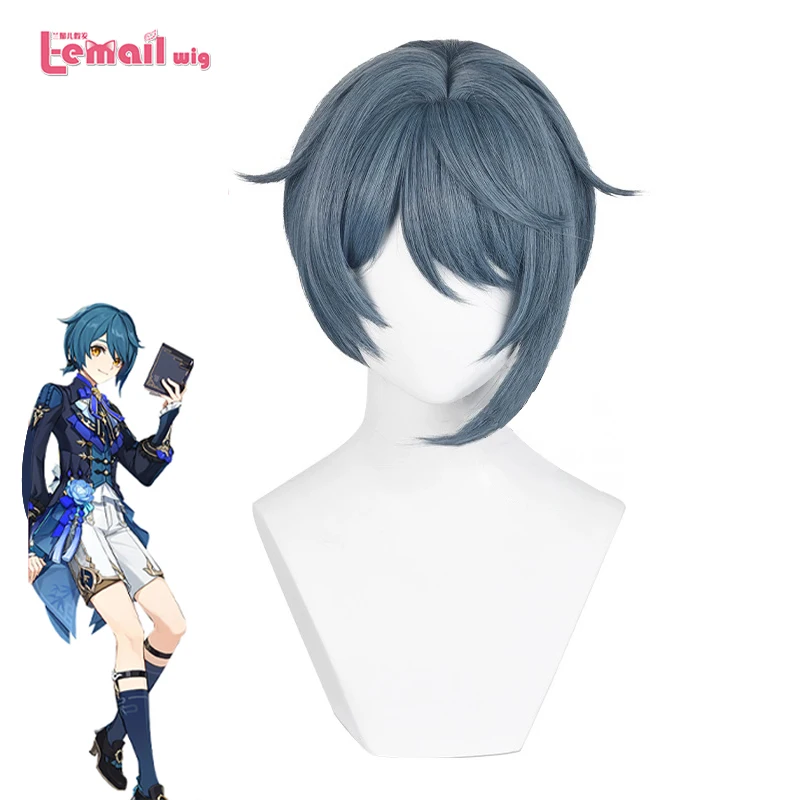 

L-email Wig Synthetic Hair Game Genshin Impact Lantern Rite Xingqiu Cosplay Wig 30cm Blue Grey Color Wigs Heat Resistant Wig