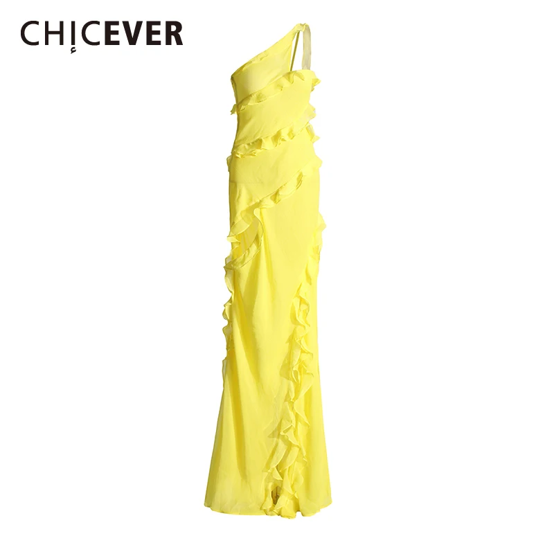 

CHICEVER Solid Patchwork Tree Fungus Midi Dresses For Women Diagonal Collar Sleeveless Backless High Waist Slimming Dress Female