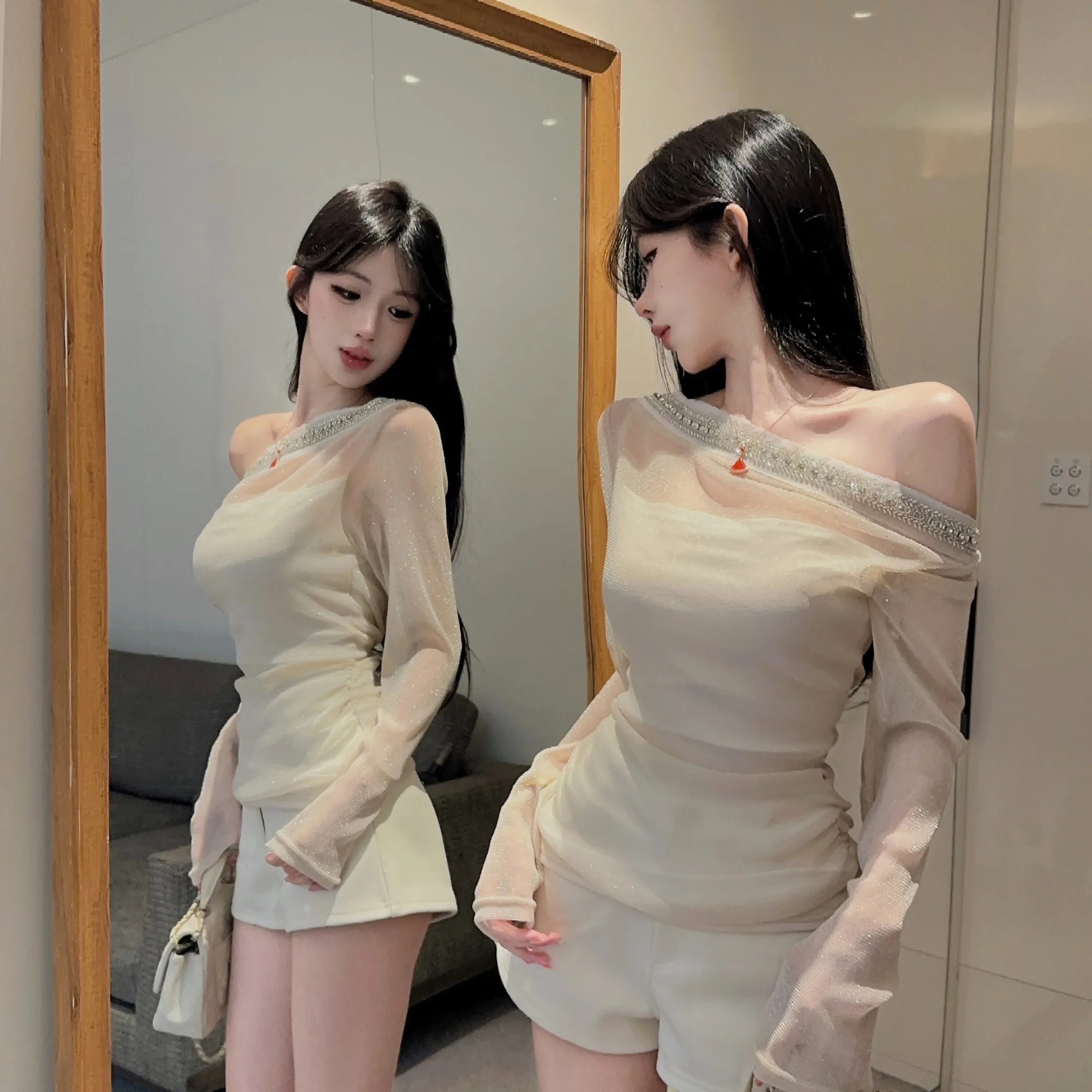 Pure Desire Shoulder Bared Diamond Embedded Long Sleeve Mesh Top Elegant Design Autumn New Style Women's T-shirt Shoulder Bared