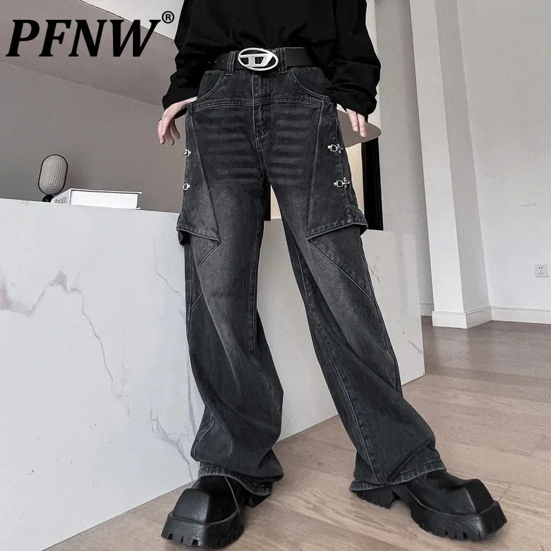 

PFNW Spliced Design Jeans Men's New Trend Baggy Straight Wide Leg Pants Men Clothing Denim Trousers 2024 Autumn Tide 9C1256