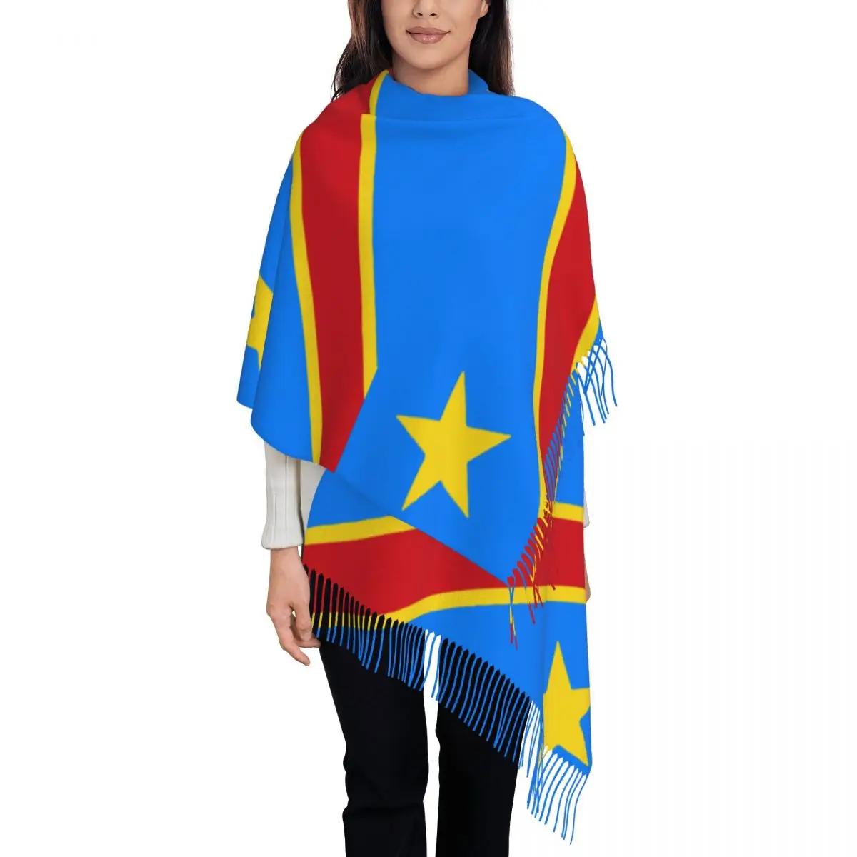 Flag Of Congo Kinshasa Zaire Scarf for Women Warm Winter Shawl Wrap Long Scarves with Tassel for Ladies