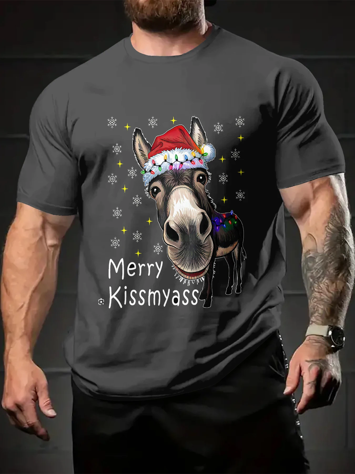 Grey Crew Neck Holiday Animal Snowflake Pattern T-Shirt For Men