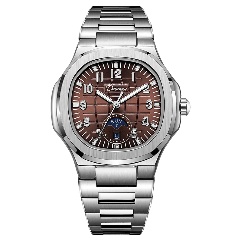 Men Automatic Mechanical Watch Square Stainless Steel Bracelet Wristwatch Brown Grid Dial Week Date Display Business Male Clock