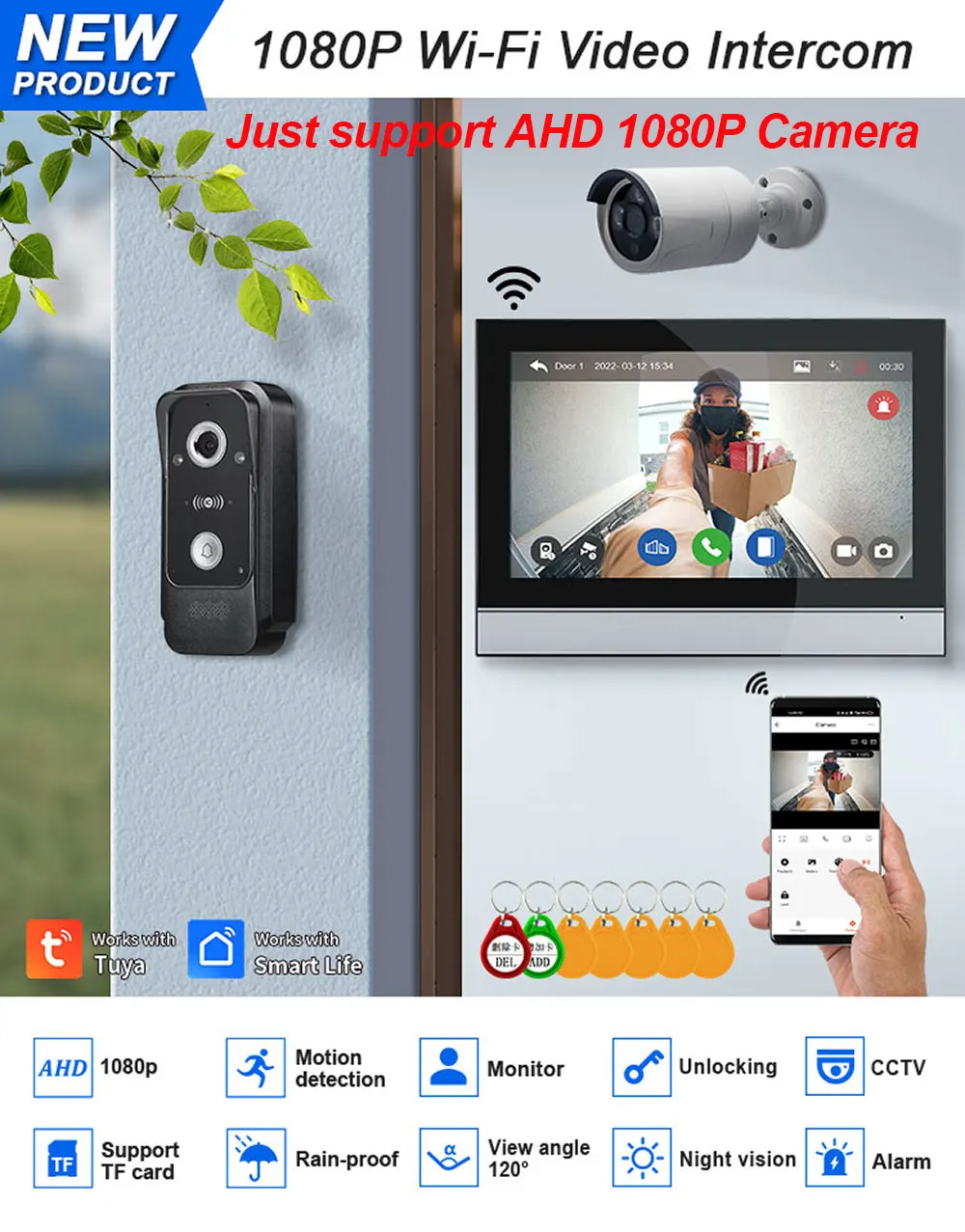 1080P 10 Inch Touch Screen Wifi Video Doorbell, Smart TUYA Home Video Intercom 32G Card Rceord Kit Motion Detection ID Unlcok