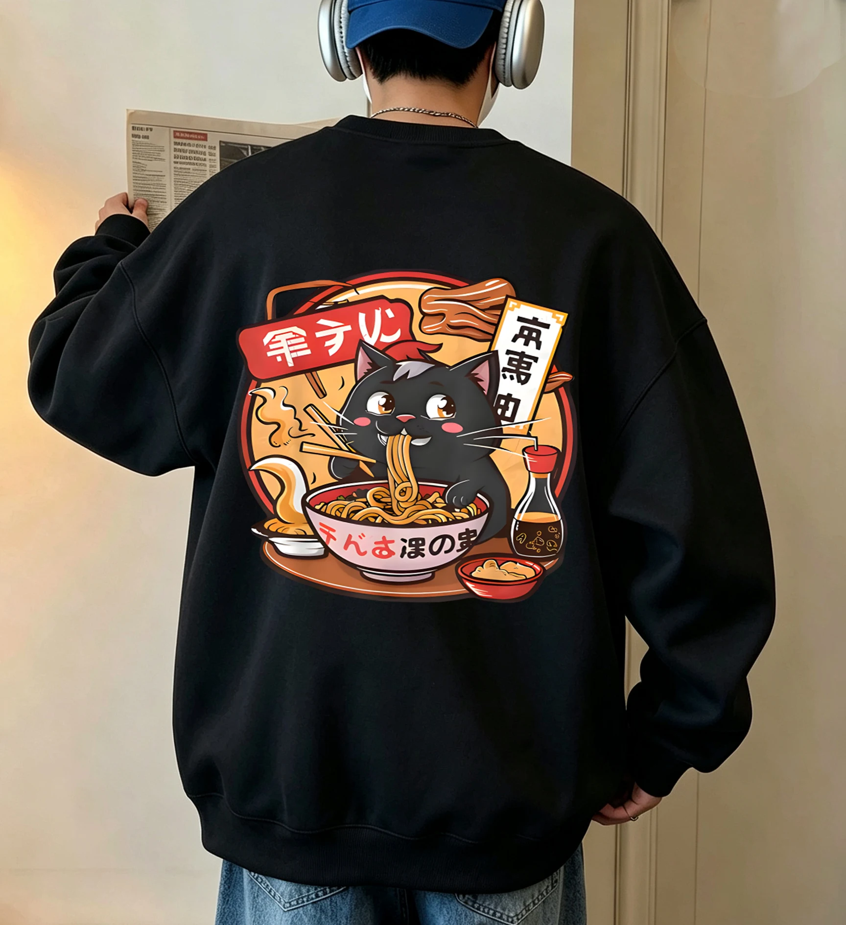 Cat Enjoying Delicious Lamian Noodles Printed Men O-Neck Pullover Fleece Sweatshirt Crewneck Casual Clothes Loose Streetwear