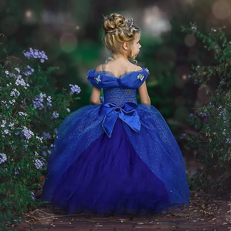 Brilhante Royal Blue Flower Girl Vestidos, Long Off Shoulder Butterfly Tulle, Princesa Wedding Party Ball Gown, Vestido de aniversário para crianças