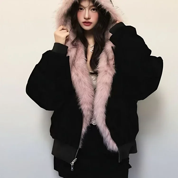 2025 new double-sided wear American street hooded jacket Y2K retro fashion women thickened warm hooded short cotton jacket