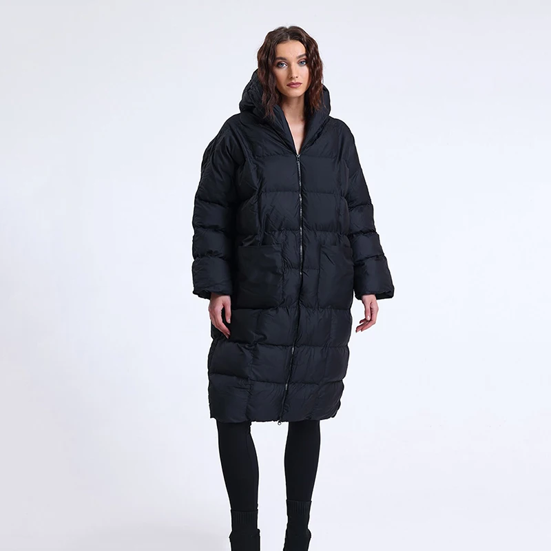 

Winter Long Hooded Big Pocket Down Jacket Women Double Zipper Thick Parker Outwears Female Warm Quilted Knee Length Down Jackets