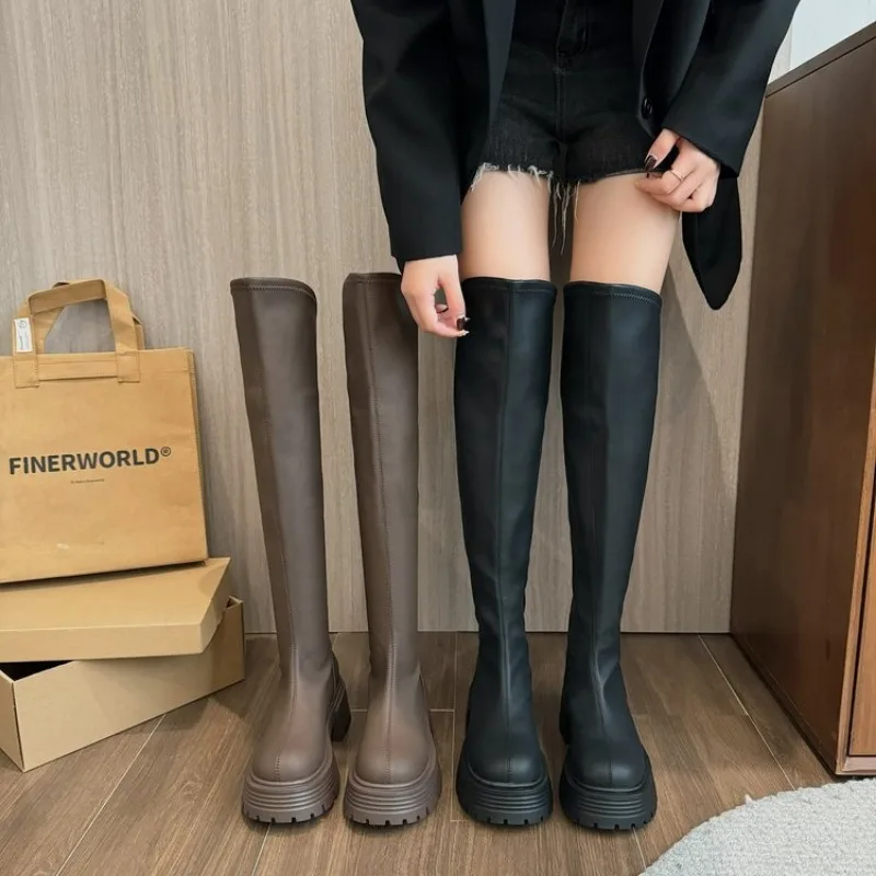 

Platform Women Knight Long Boots Fashion Warm Fur Shoes Autumn Winter Square Heels Ladies Knee High Booties