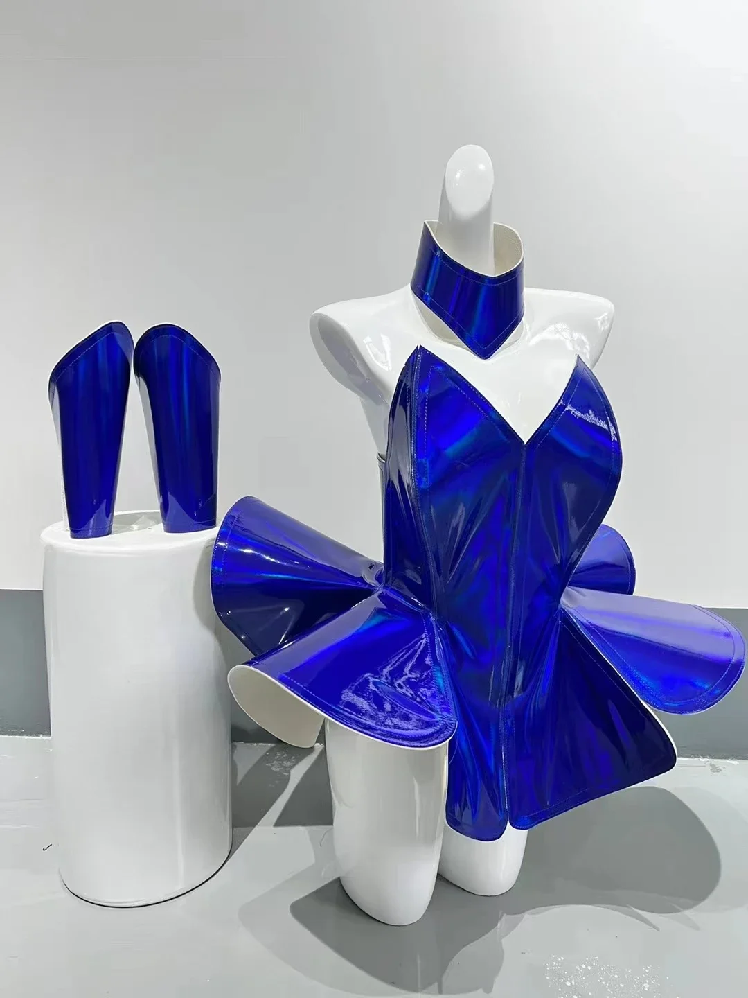 Mini vestido bolha laser azul manguito reflexivo traje de dança feminino bar boate sexy desempenho espaço futura tecnologia roupas