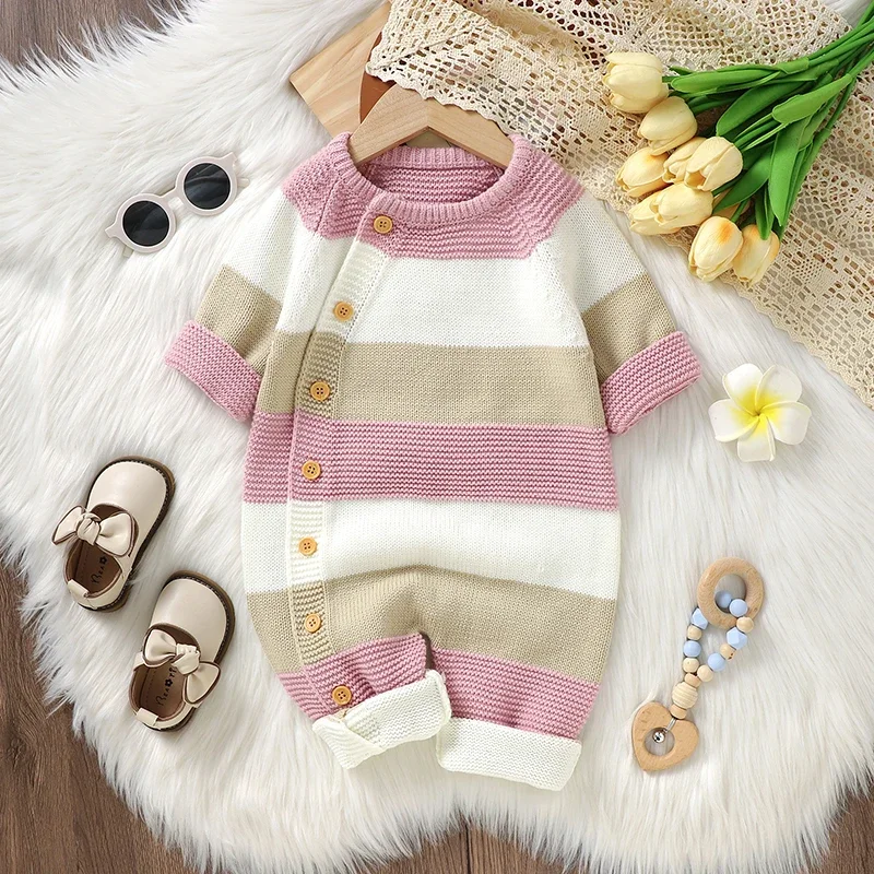 

Newborn Baby Romper Knitted Girl Infant Jumpsuit Fashion Striped Toddler Playsuit Kid Clothing Long Sleeve Autumn 0-18M Overalls