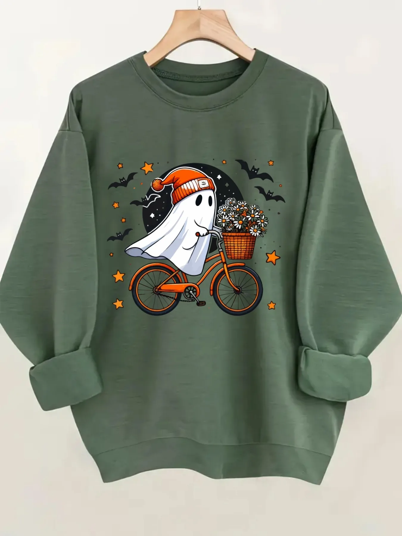 Women's Soft Crew Neck Pullover Sweatshirt Long Sleeve Ghost Bike Ride Design Casual Daily Top Winter Outfit Halloween Costume
