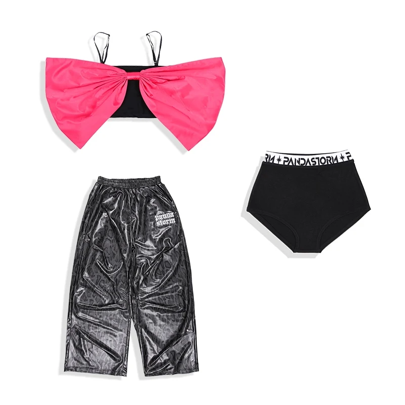 Roze Strik Jazzdans Tops Meisjes Mode Catwalk Kleding Zwarte Luipaard Broek Hip Hop Dans Kostuum Stage Performance Outfit 15670