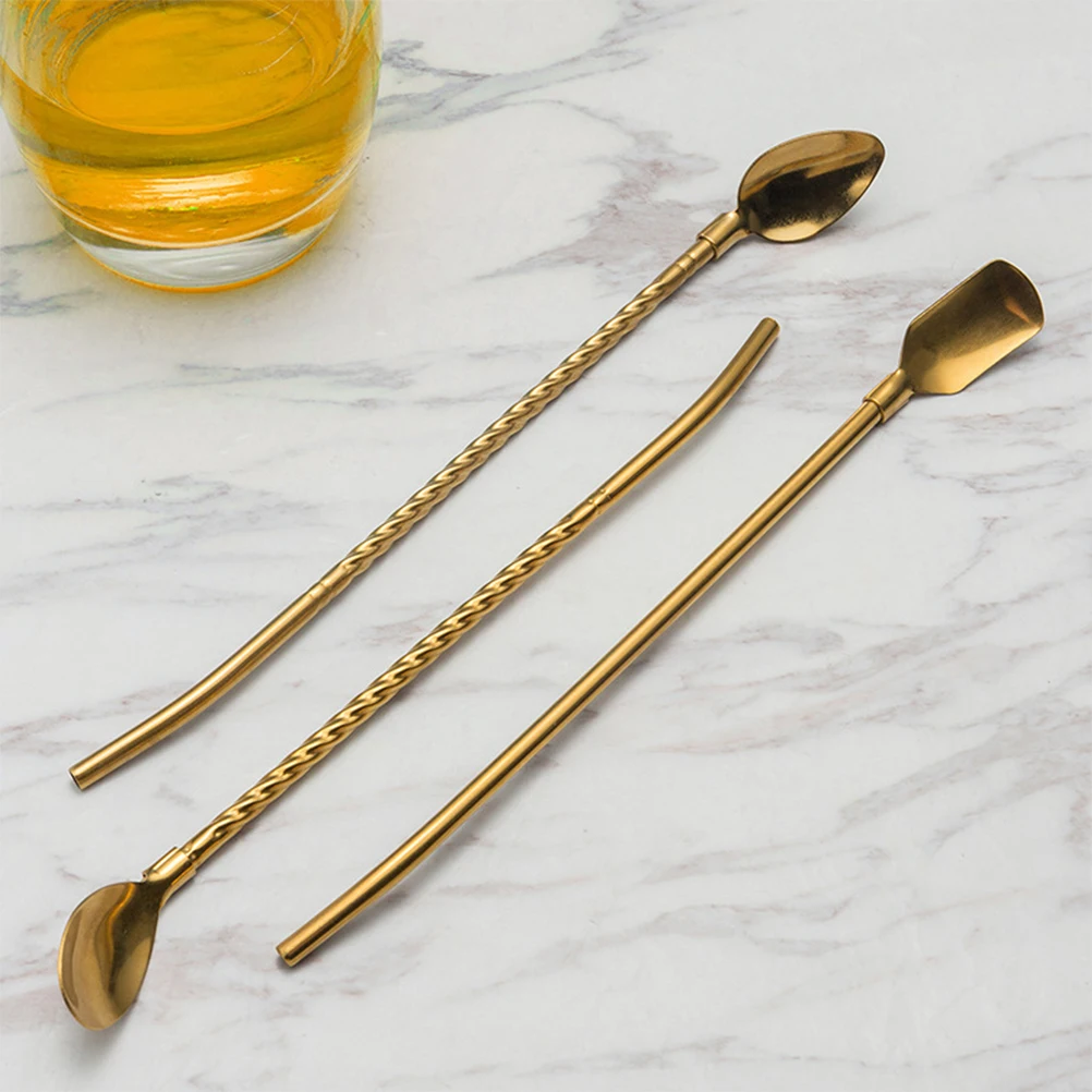 

4 Pcs Stainless Steel Straw Spoon Scoops Reusable Bartender Tools for Home Bar Hotel Fruit Ice Cream Cake