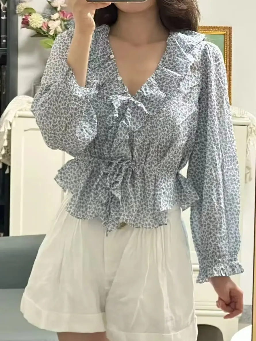 

Women Blue Floral Printed Shirt 100% Cotton Ruffled V-Neck Long Sleeve Lace-up Waist Loose Fashion Blouse Tops