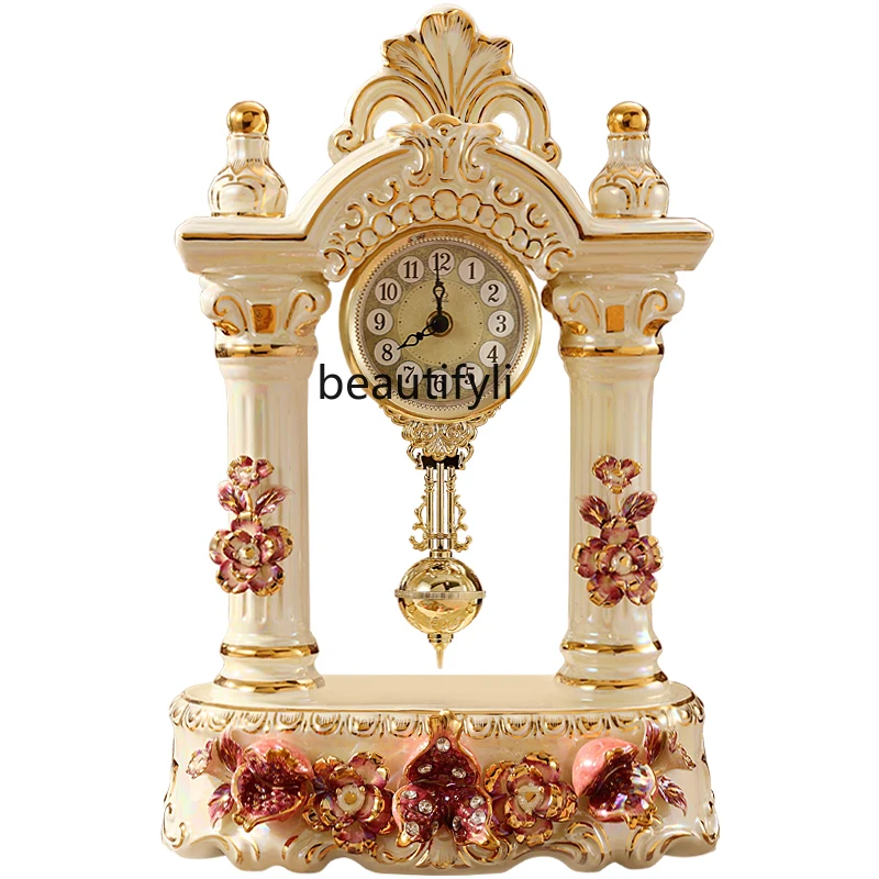 

zq European-Style Ceramic Clock Living Room Luxury Retro TV Cabinet Table Decorations Decoration