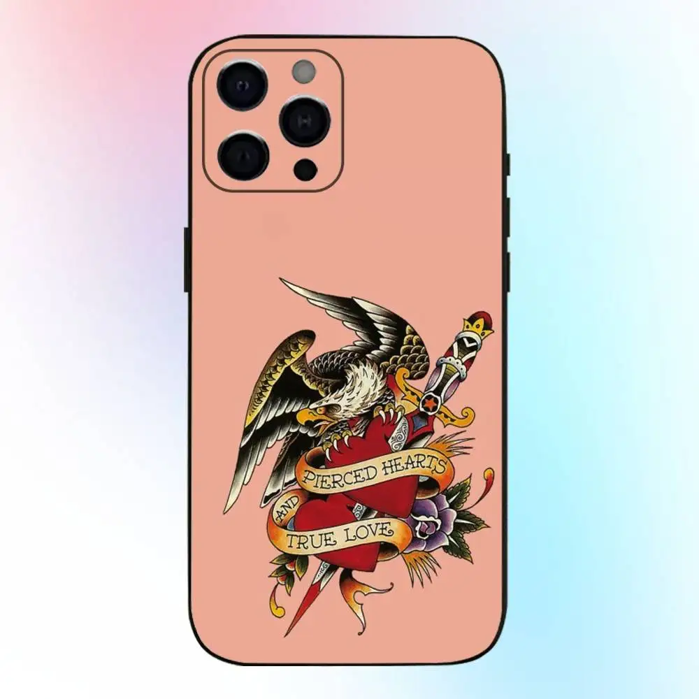 حافظة هاتف Ed Hardy من ماركات الأزياء لهاتف iPhone17,16,15,14,13,12,11 Plus، Pro Max غطاء أسود ناعم