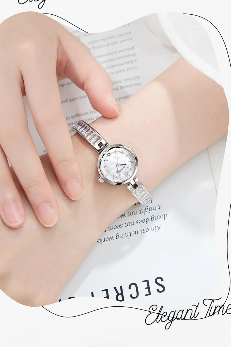 MOKAGO M8150 ساعة نسائية الأم شل الهاتفي + النحاس سلسلة حزام ثلاثي الأبعاد رسالة الأظافر 3ATM مقاوم للماء حركة الكوارتز