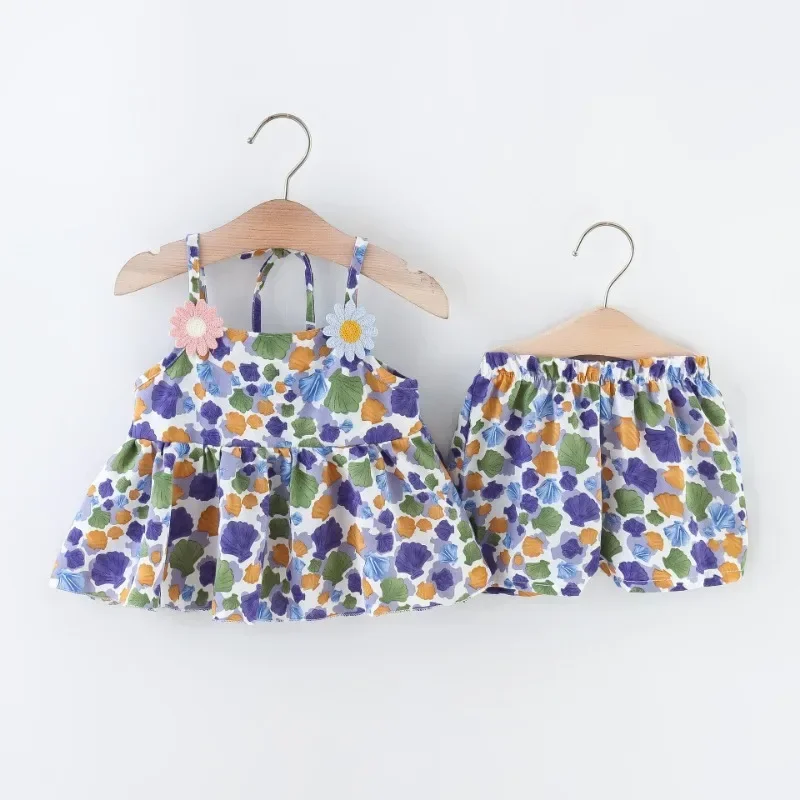 Summer Children's Girls' Suit New Style Daisy Halter Top Shell Print Small Shorts Baby Two Sets 2024 Baby Clothes