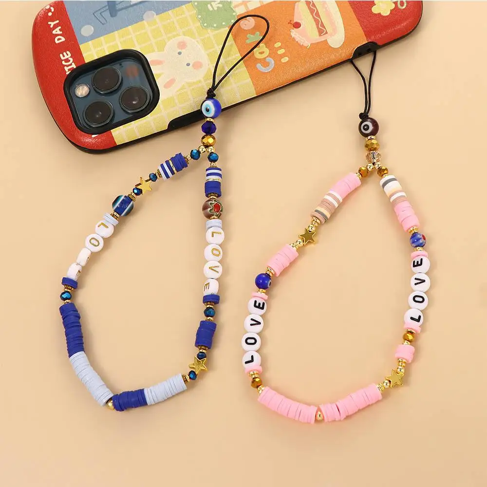 Rope Smiling Beads Chain Telephone Jewelry Mobile Phone Straps Cell Phone Lanyard Heishi Clay Beaded LOVE Letter Lanyard