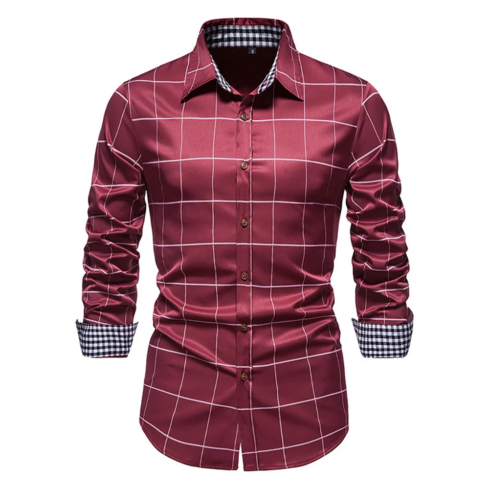 Plaid 10 Color Men\'s Shirt Single Breasted Slim Fit Button Long Sleeve Shirt Fashion Breathable Men\'s Clothing Oversized Design