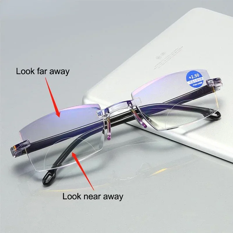 ผู้ชาย Multifocal Rimless แว่นตาอ่านชาย Blue Light Blocking แว่นตา Bifocal สายตายาวแว่นตา Diopters + 1.0 ถึง + 4.0