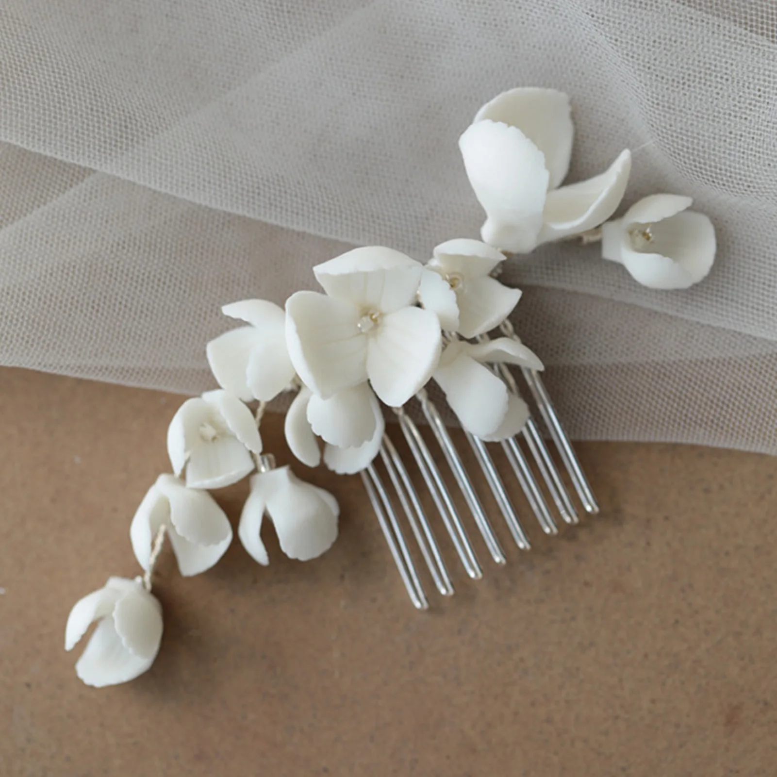 

Handmade Crystal Rhinestone Ceramic Flower Wedding Headband Hair Comb Earring Bridal Hair Accessories Women Headwear Jewelry