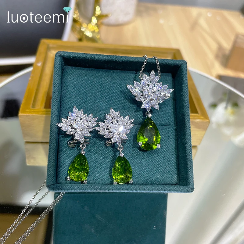 LUOTEEMI Higanbana Flower Luxury AAA Cubic Zirconia Silver Color Earring Necklace Set For Girl Bridal Wedding Anniversary Sets